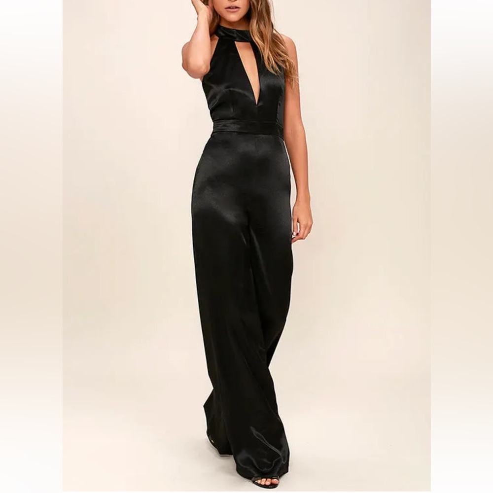 Lulus Black Satin Halter Jumpsuit